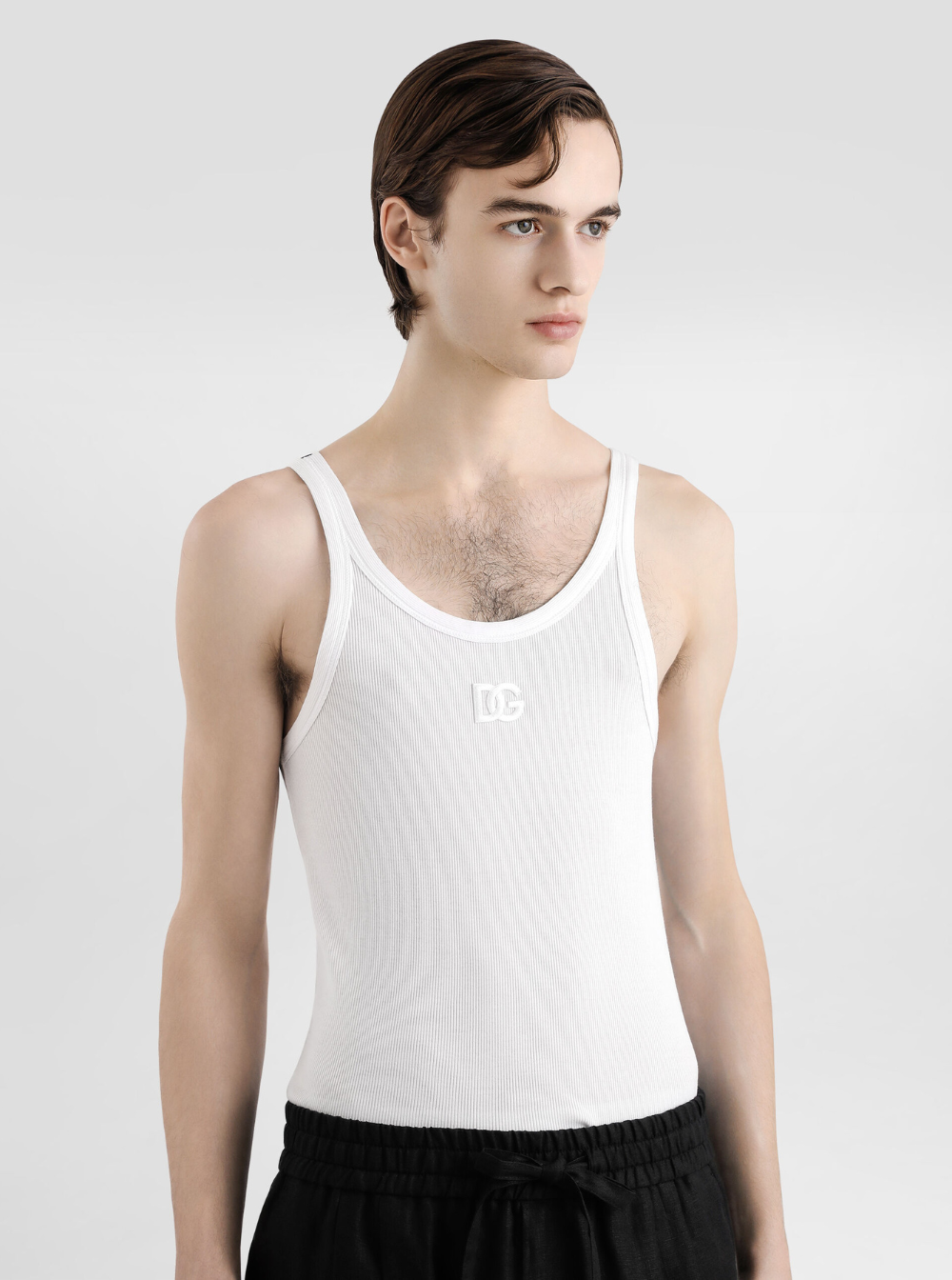 Dolce & Gabbana Men White Sleeveless Top With Logo Embroidery On The Front And Ribbed Knit In Cotton Man DOLCE & GABBANA