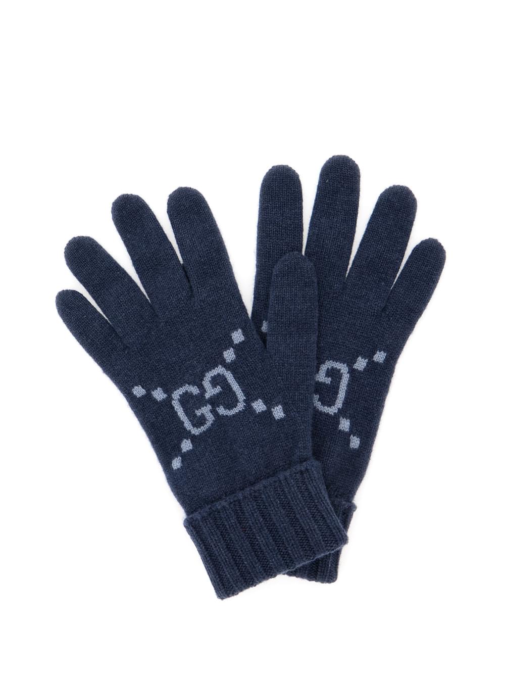 Gucci Women Blue Gloves With Gg Logo Detail On The Front In Cashmere Woman