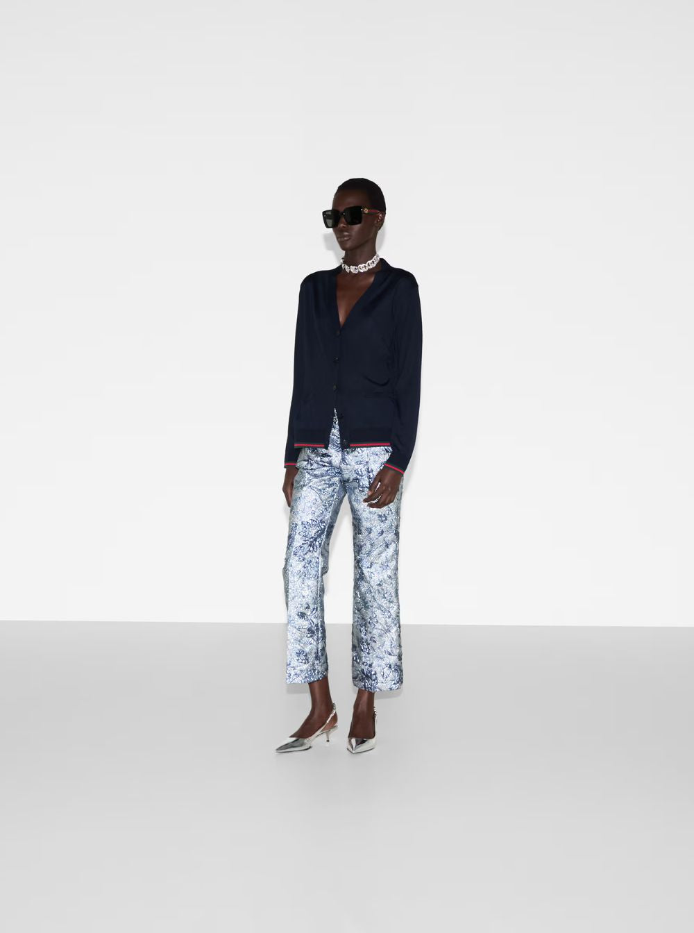 Gucci Women Blue Cardigan With Web Detail On The Edges In Cashmere And Silk Blend Woman GUCCI
