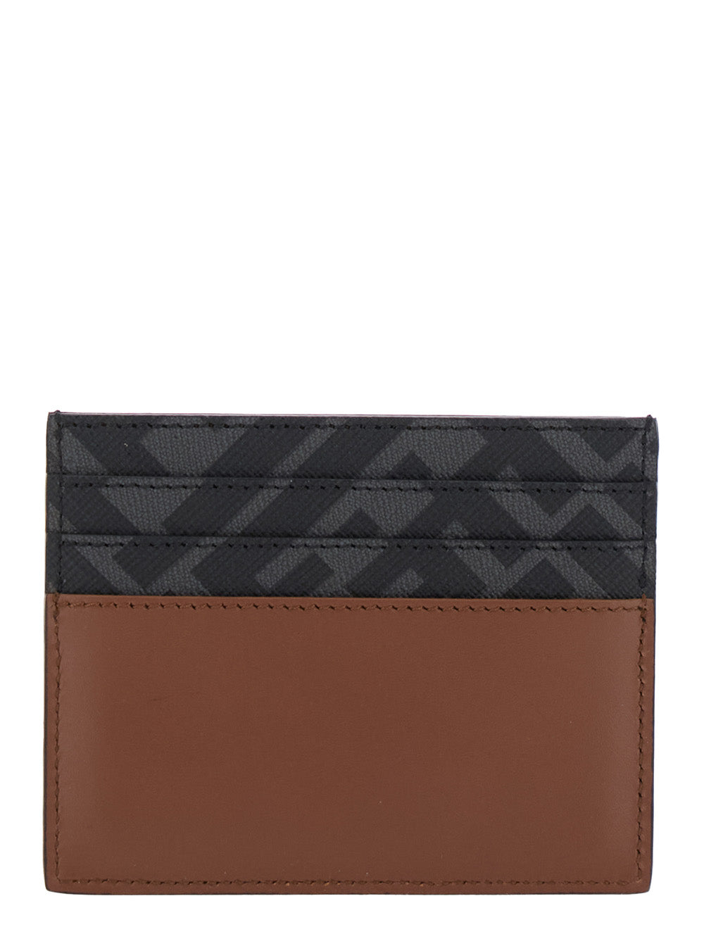 Fendi Men Brown Card Holder With Ff Plaque On The Front In Leather And Ff Canvas Man FENDI