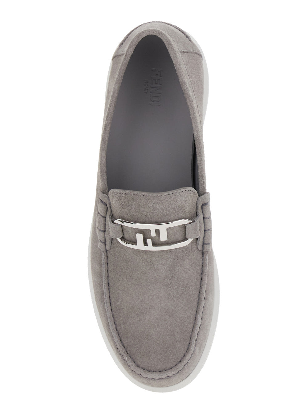 Fendi Men Grey Loafers With Ff Metal Buckle And Contrasting Sole In Suede Man FENDI