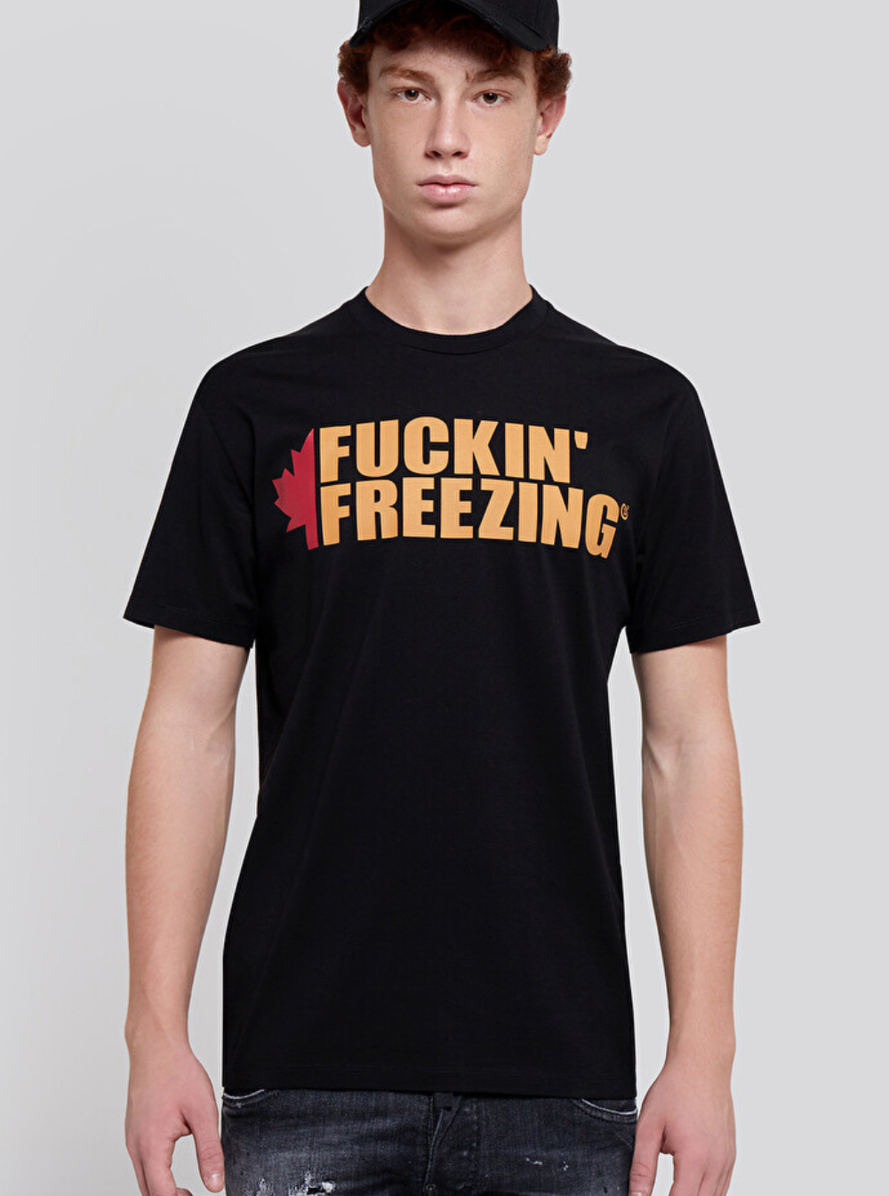 Dsquared2 Men Black Crewneck T-Shirt With Print On The Front And Logo Lettering On The Rear In Cotton Man DSQUARED2