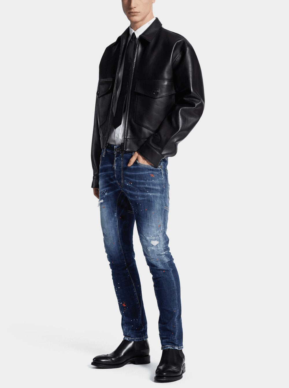 Dsquared2 Men 'Tidy Biker' Blue Jeans With Paint Embellishments And Logo Patch On The Rear In Denim Man DSQUARED2