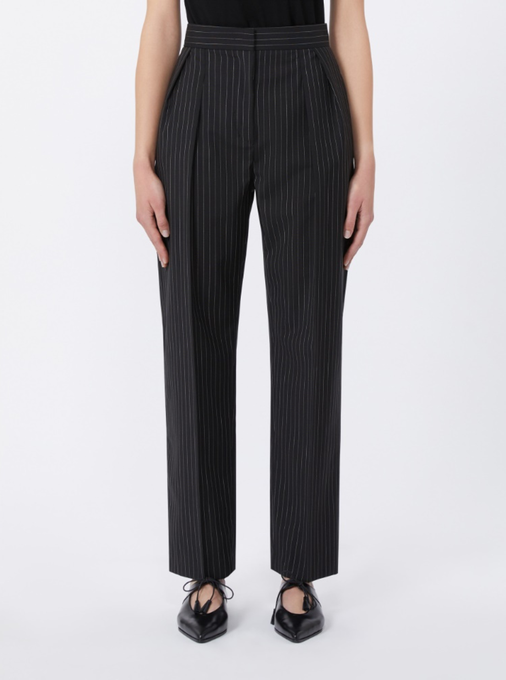 Max Mara Women 'Sesamo' Black Pants With Front Concealed Closure And All-Over Striped Motif In Wool Woman MAX MARA