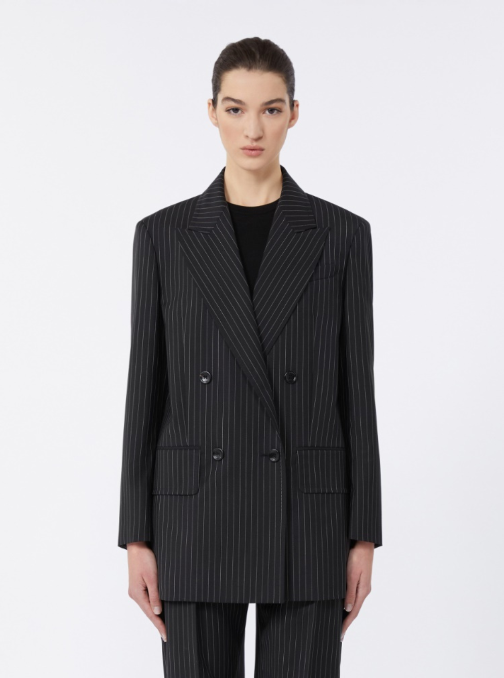 Max Mara Women 'Mattia' Black Double-Breasted Jacket With Peak Revers And All-Over Striped Motif In Wool Woman MAX MARA