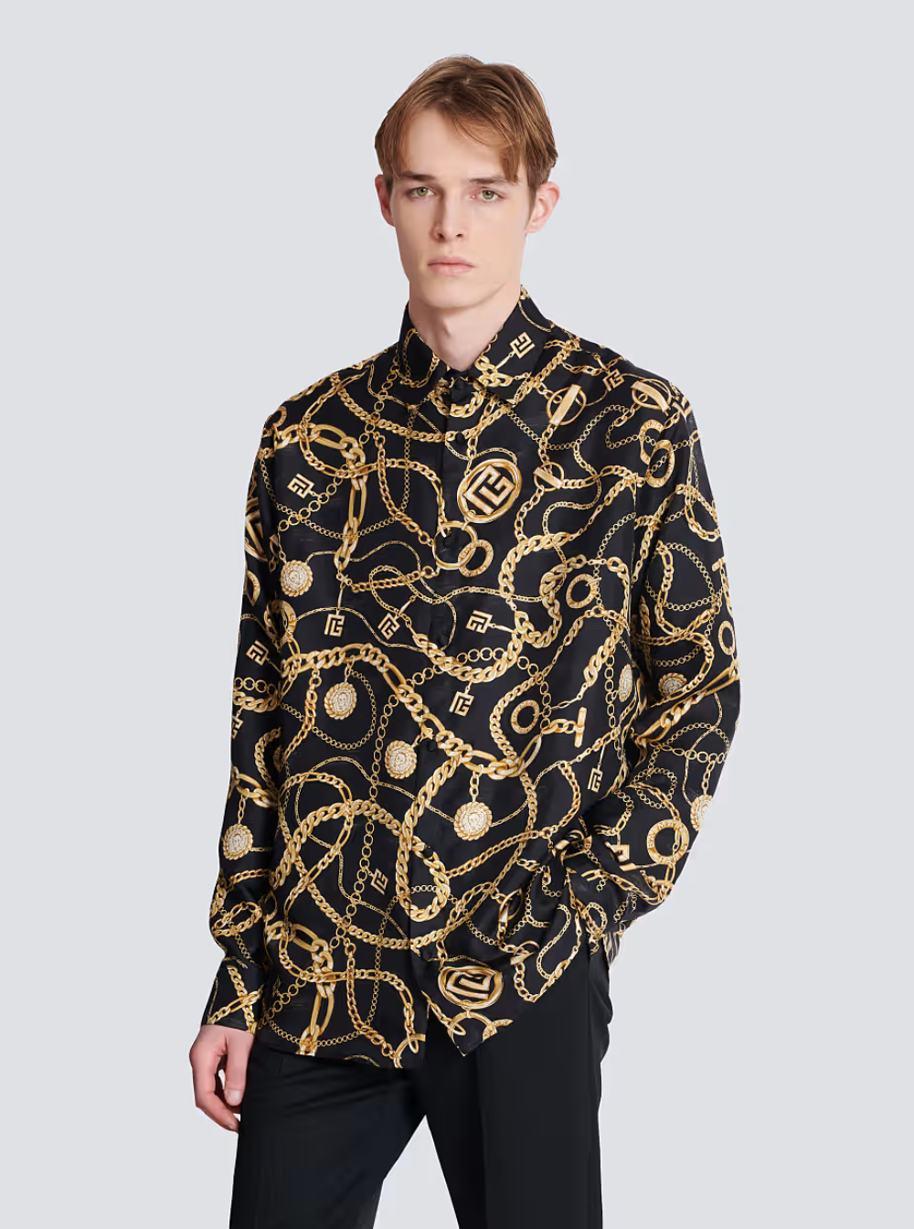 Balmain Men Black Shirt With Pointed Collar And Chain Print With Logo In Silk Man BALMAIN