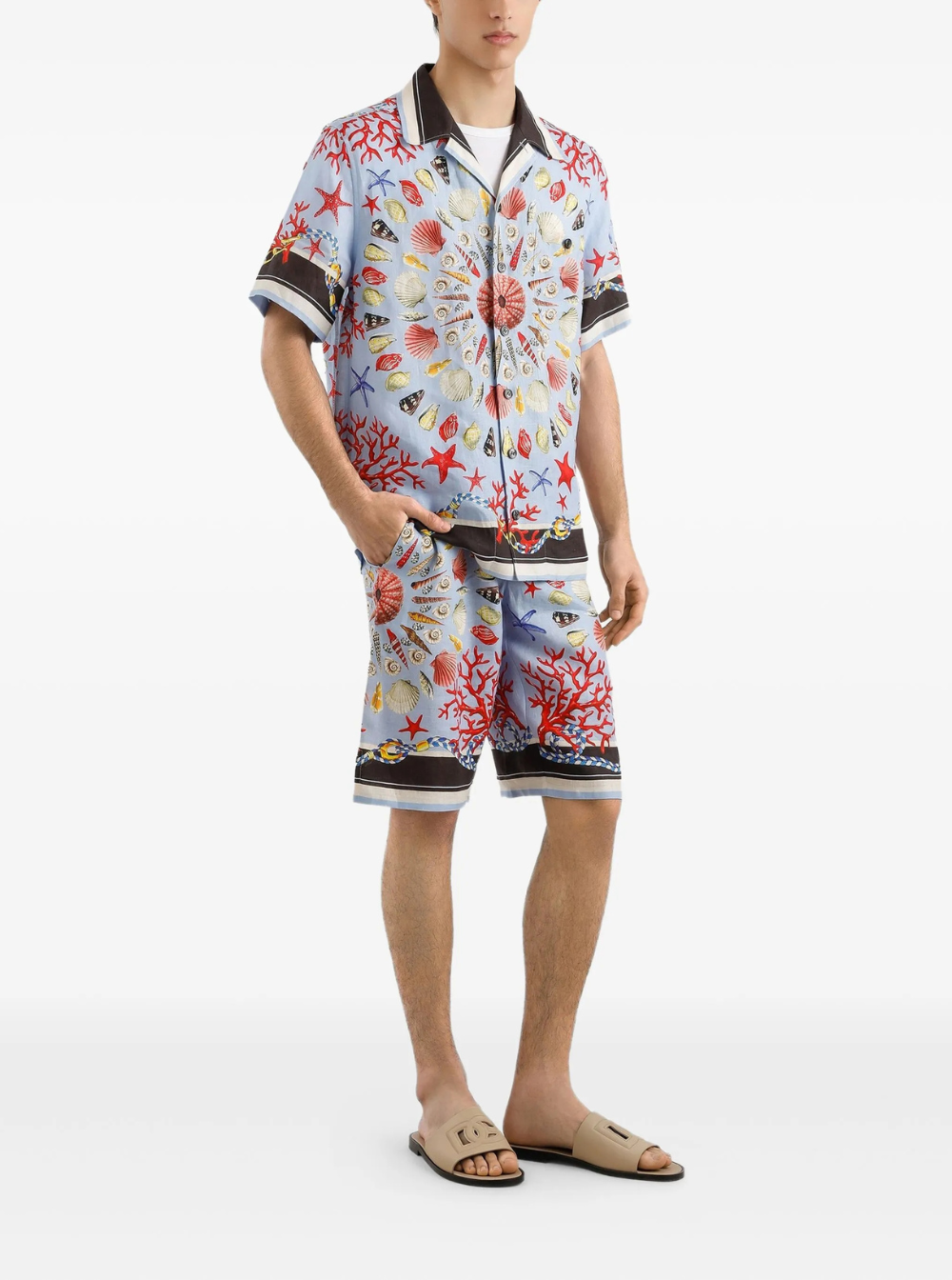 Dolce & Gabbana Men Multicolor Shorts With Elastic Drawstring And All-Over Print In Linen Man DOLCE & GABBANA