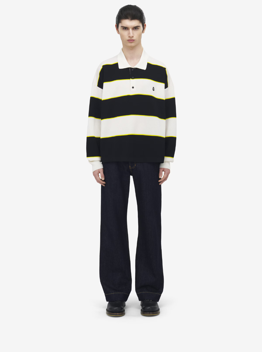 Alexander Mcqueen Men Black And White Long-Sleeve Polo Shirt With Logo Patch On The Front And All-Over Striped Motif In Cotton Blend Man ALEXANDER MCQUEEN