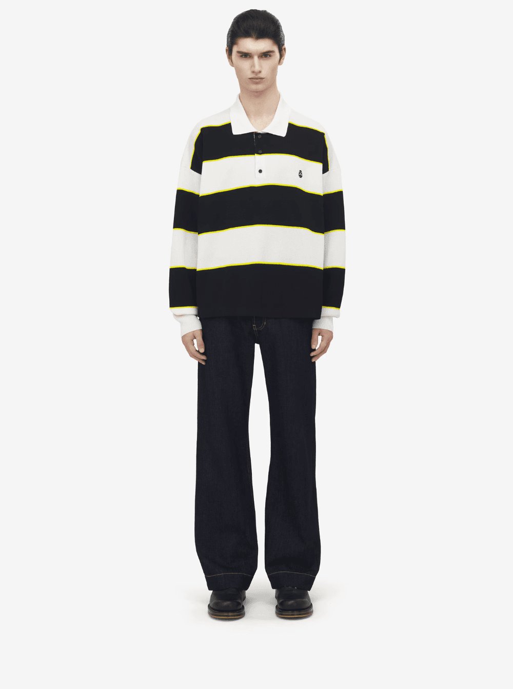 Alexander Mcqueen Men Black And White Long-Sleeve Polo Shirt With Logo Patch On The Front And All-Over Striped Motif In Cotton Blend Man ALEXANDER MCQUEEN