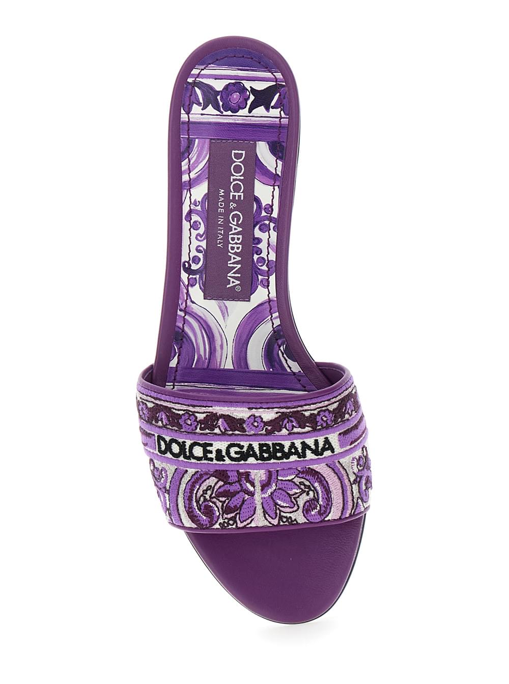 Dolce & Gabbana Women Violet Sandals With Logo Embroidery On The Front And All-Over Majolica Motif In Cotton Blend Woman DOLCE & GABBANA