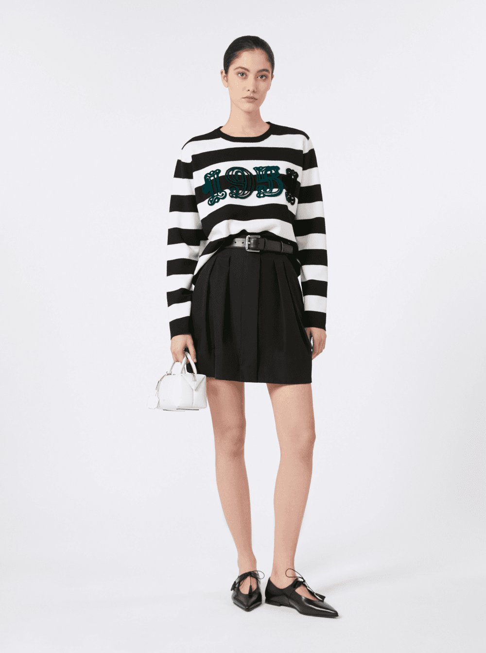 Max Mara Women 'Viterbo' Black And White Crewneck Sweater With Embroidery On The Front And All-Over Striped Motif In Wool Woman MAX MARA