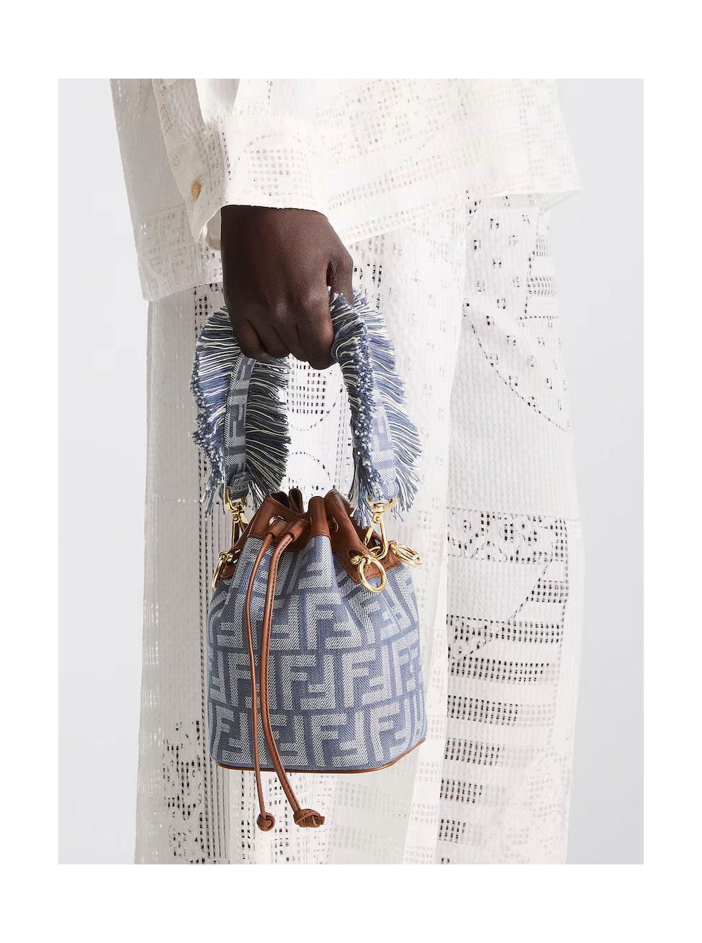 Fendi Women 'Mon Tresor' Blue Mini Handbag With Fringed Handle And Adjustable And Removable Shoulder Strap In Cotton Bòemd Woman FENDI