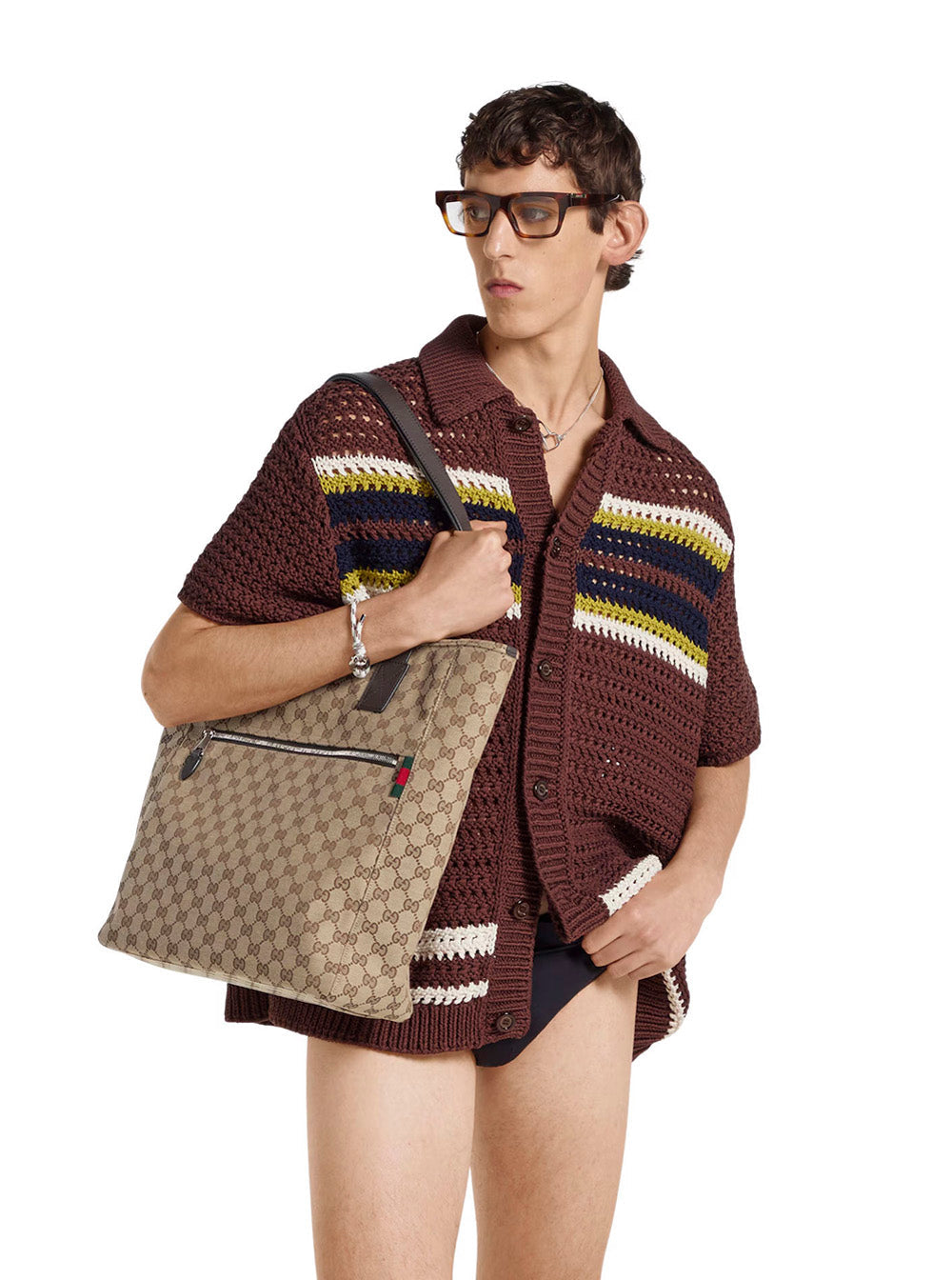 Gucci Men Beige Tote Bag With Two Top Leather Handles And Front Zip Pocket In Gg Canvas Man GUCCI