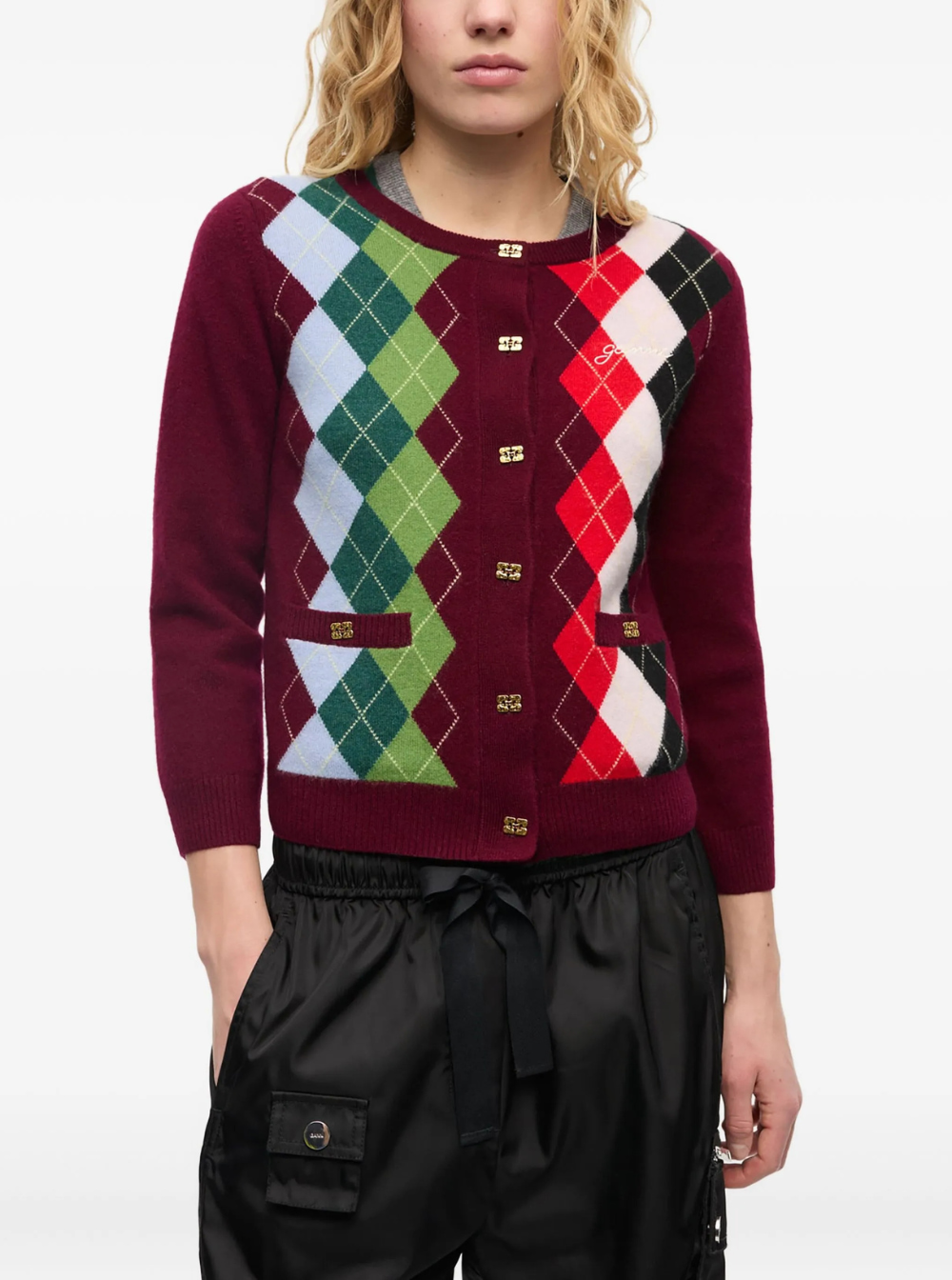 Ganni Women Multicolor Crewneck Cardigan With Jewel Buttons And Gemetric Motif On The Front In Wool And Cashmere Woman GANNI