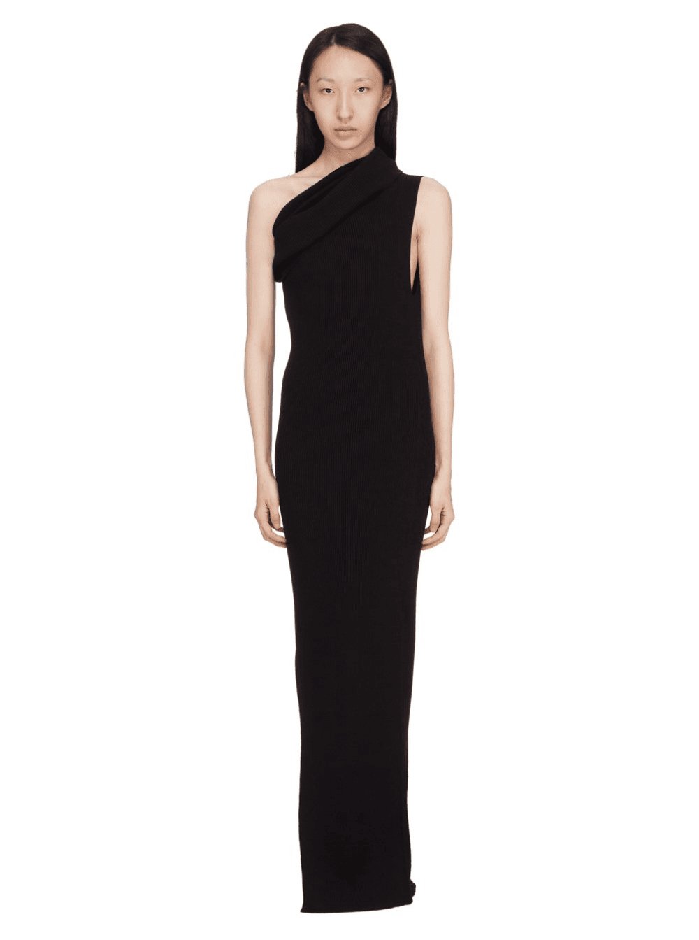 Rick Owens Women 'Athena' Black Ribbed Knit Sleeveless Asymmetric Long Dress With Wide Neckline In Viscose Blend Woman RICK OWENS