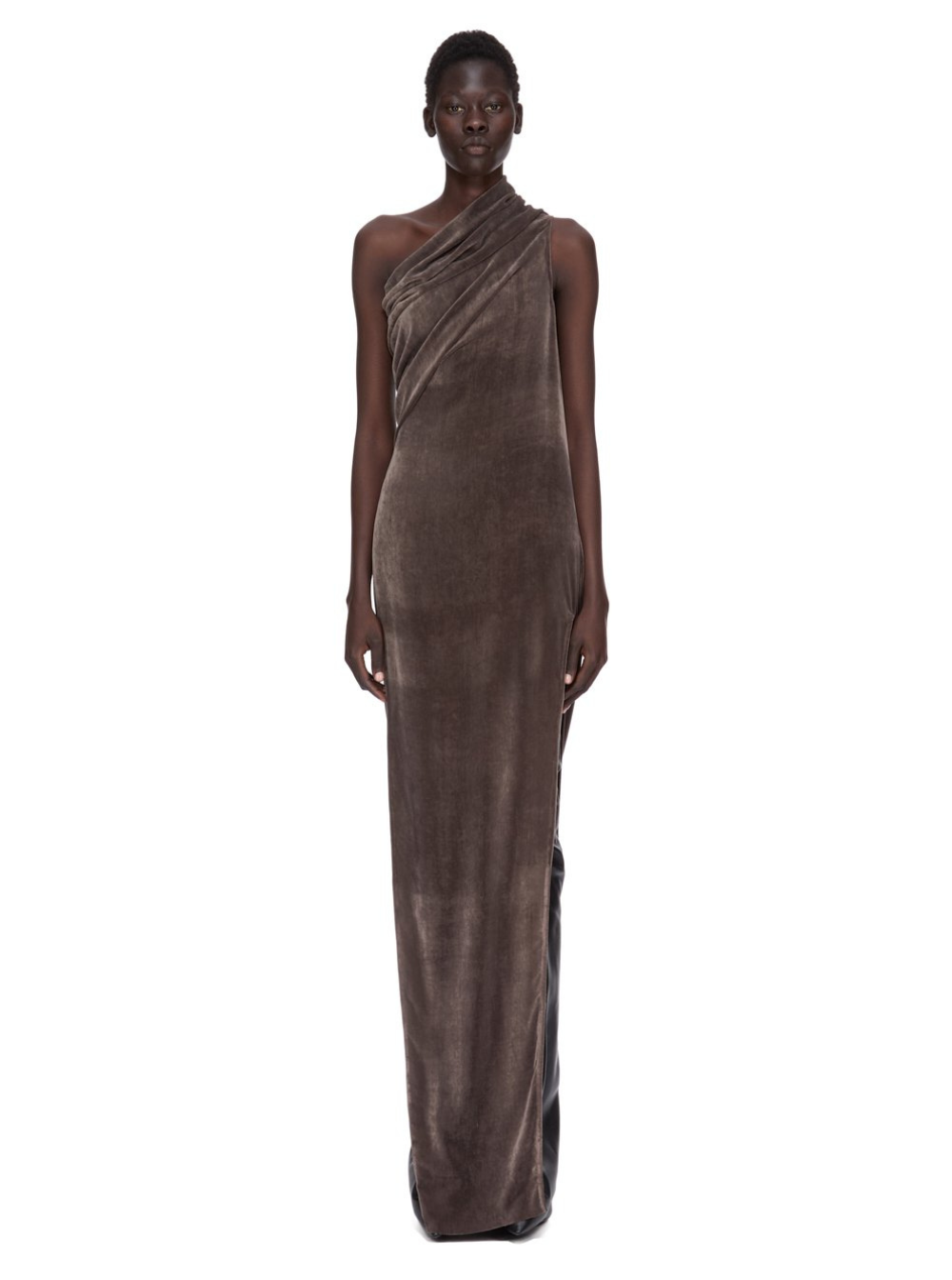 Rick Owens Women 'Athena Arrowhead' Brown Asymmetric Long Dress With Ruched Neckline And Side Single Slit In Viscose Blend Woman RICK OWENS