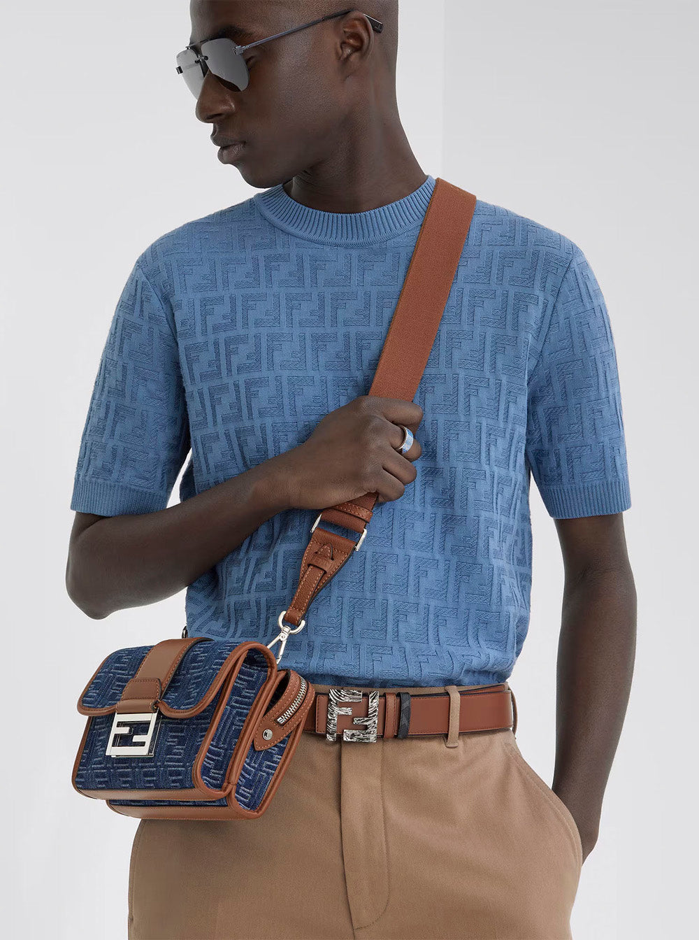 Fendi Men 'Baguette Double' Blue Crossbody Bag With Magnetic Ff Closure And All-Over Motif In Blue Cotton Man FENDI