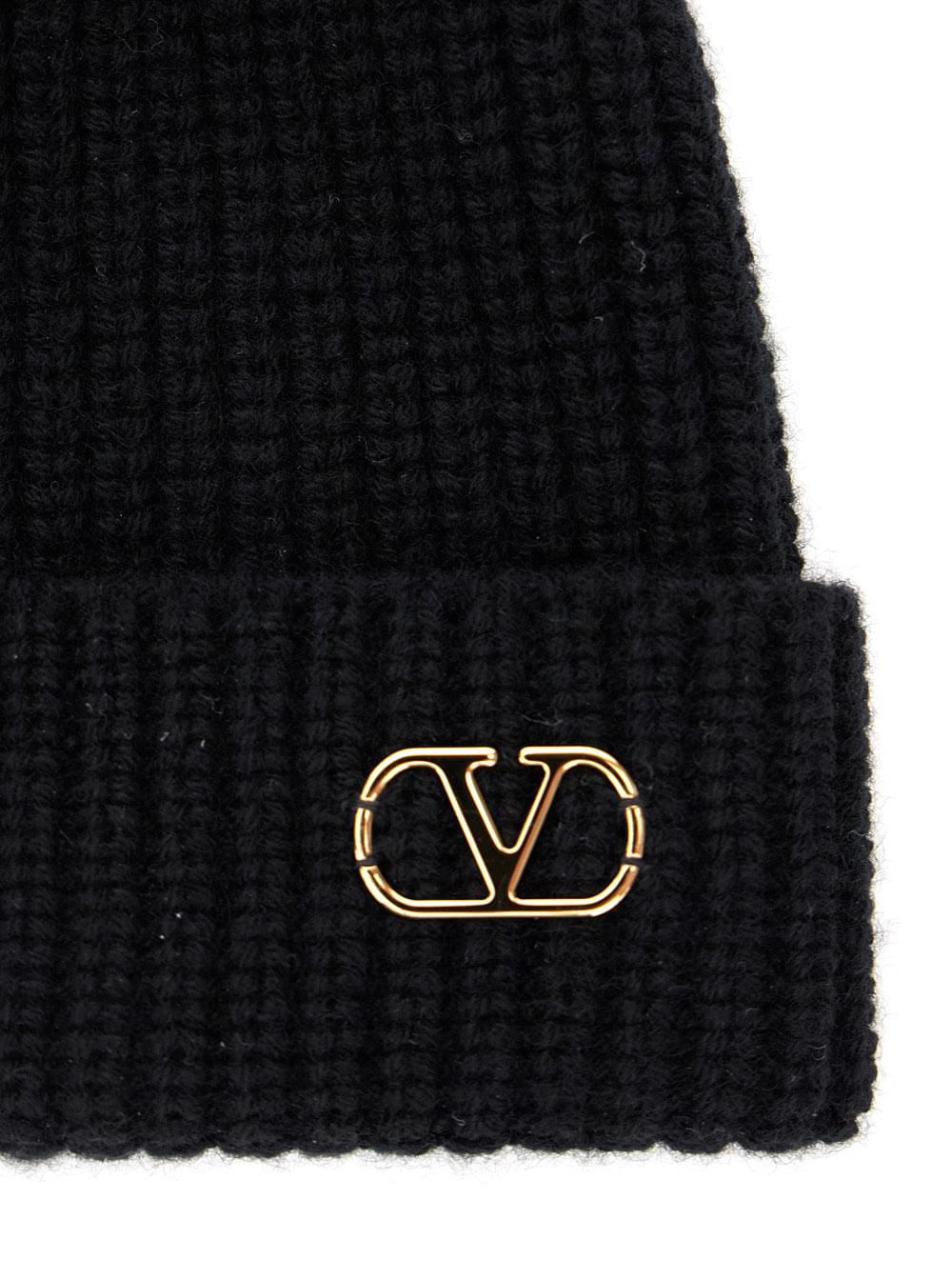 Valentino Garavani Men Black Knit Beanie With Vlogo On The Front In Cashmere Man VALENTINO GARAVANI