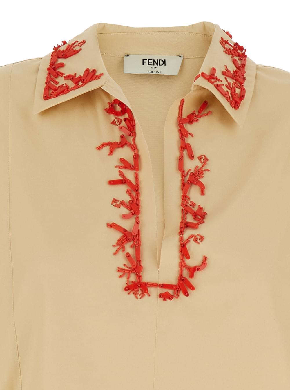 Fendi Women Beige Dress With Open Polo Shirt Style Collar And Embroidery On The Collar In Cotton Woman FENDI