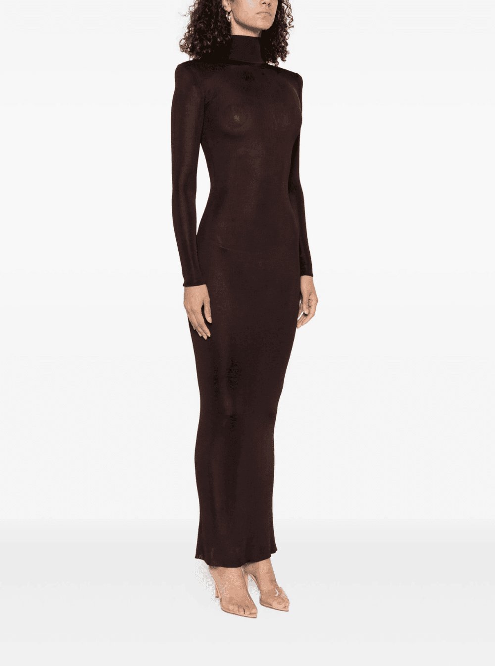 Self-Portrait Women Brown Turtleneck Long Dress With Shoulder Pads In Viscose Woman SELF-PORTRAIT