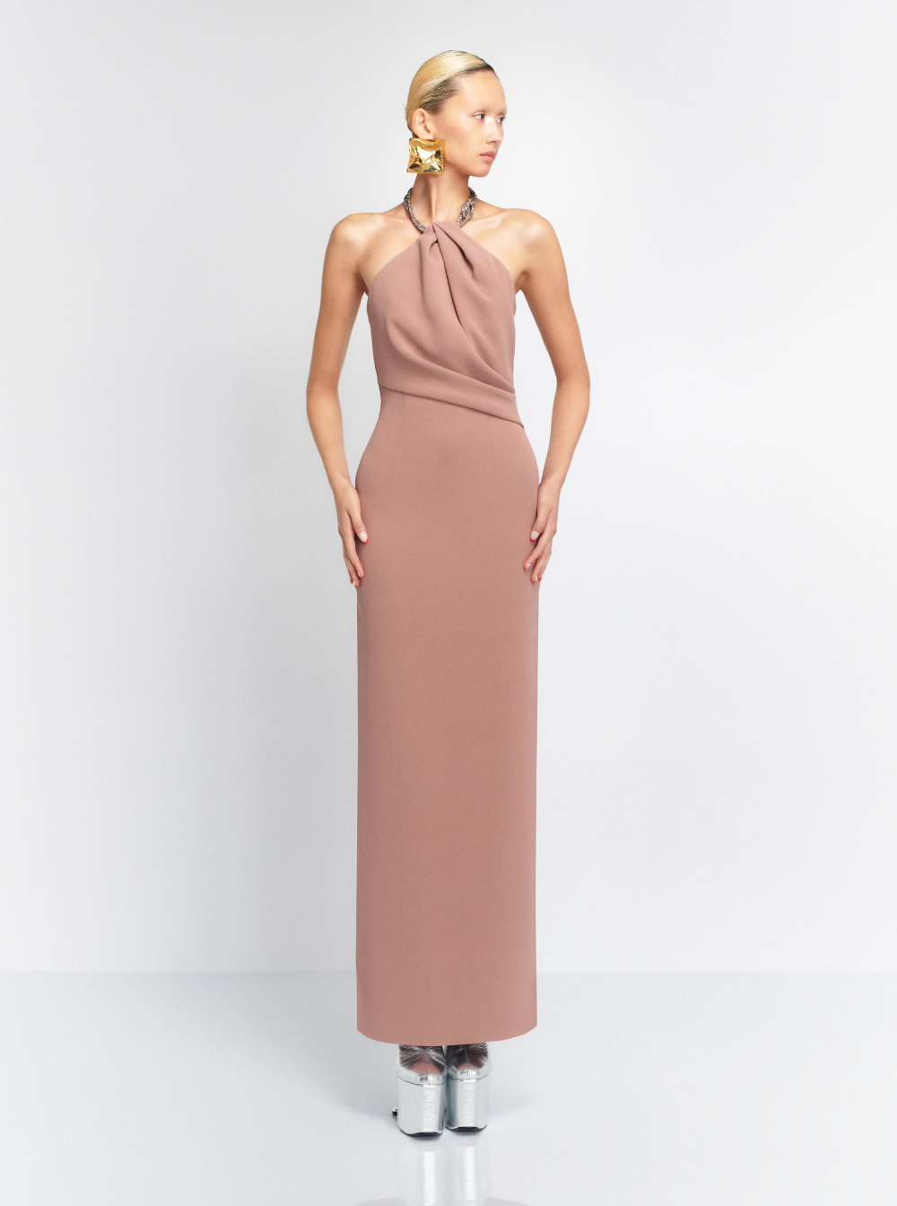 Solace London Women 'Riva' Brown Long Dress With Rhinestone-Embellished Neckline And Drape Details In Twill Woman SOLACE LONDON