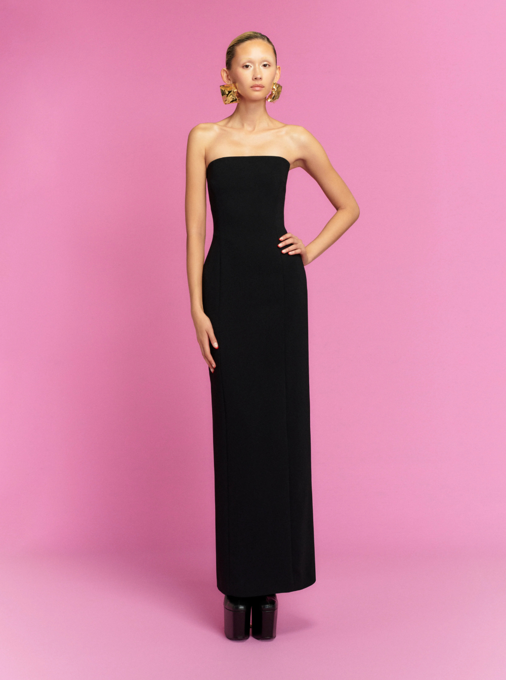 Solace London Women 'Anderson' Black Long Dress With Bare Shoulder And Back Slit In Twill Woman SOLACE LONDON