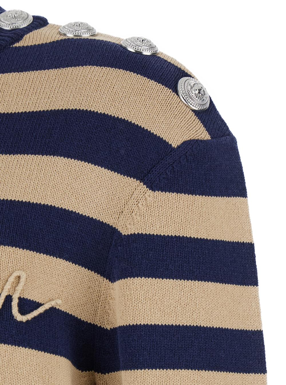 Balmain Men Blue Crewneck Sweater With Logo Lettering On The Front And All-Over Striped Motif In Wool Woman BALMAIN