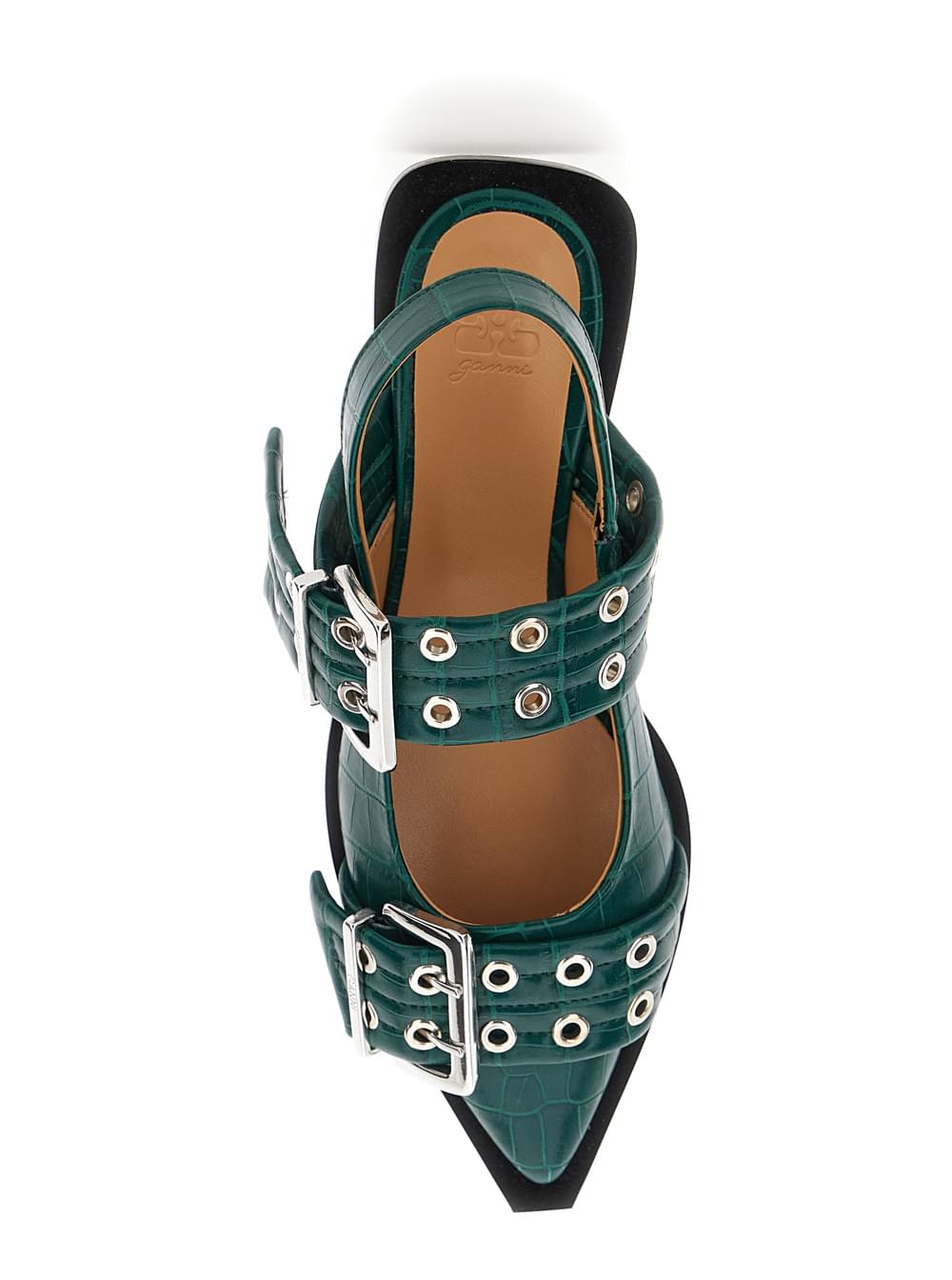 Ganni Women Green Ballet Shoes With Double Buckle And Pointed Design In Leather Woman GANNI