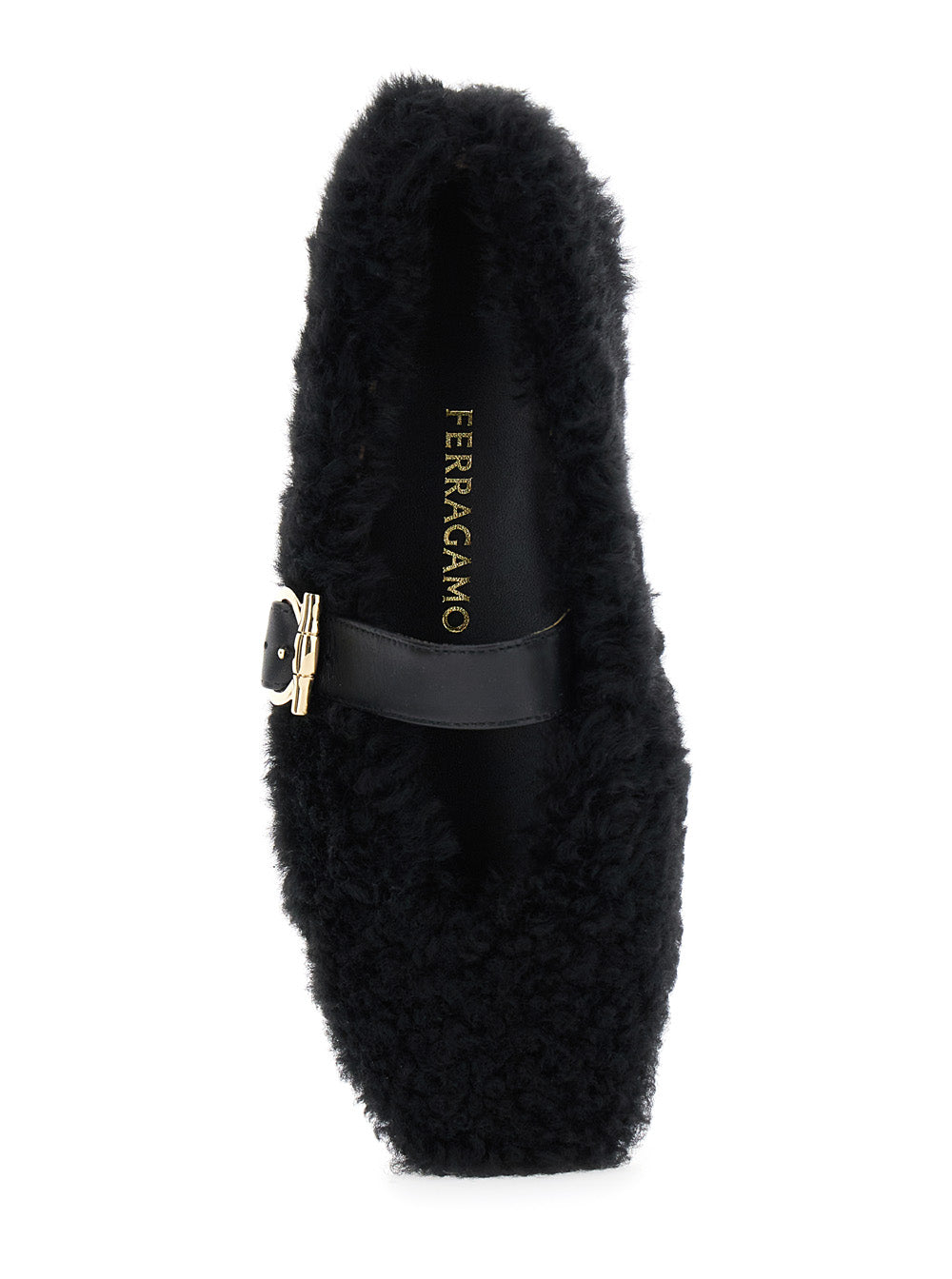 Ferragamo Women Black Ballerinas With Shearling Design And Buckle In Leather Woman