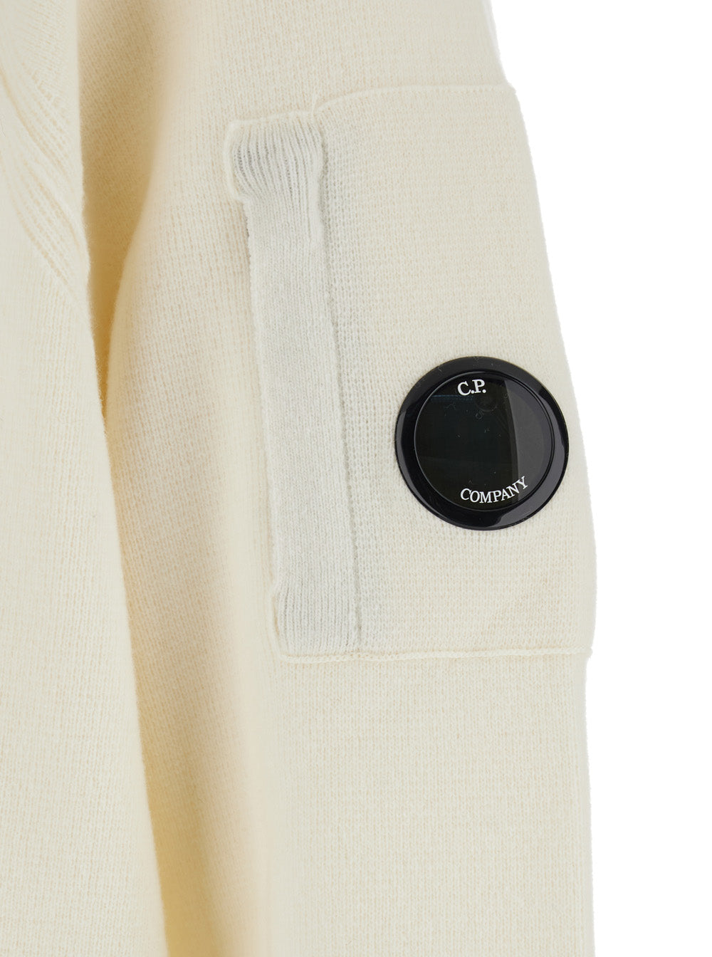 C.P. Company Men White Crewneck Sweater With Logo Plaque On The Sleeve In Wool Blend Man