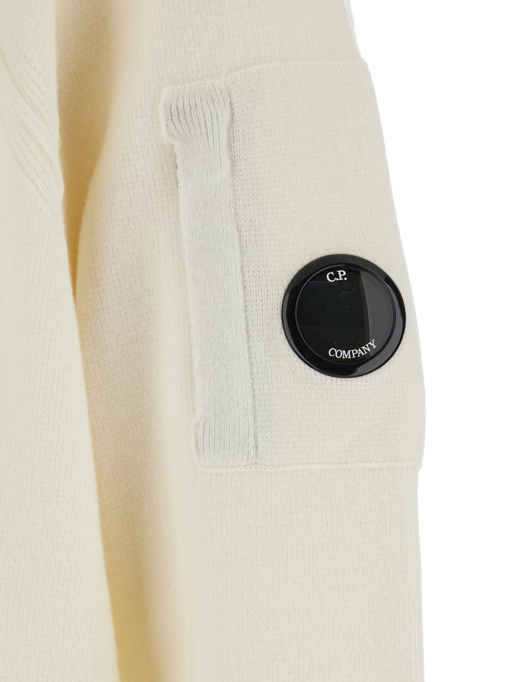 C.P. Company Men White Crewneck Sweater With Logo Plaque On The Sleeve In Wool Blend Man