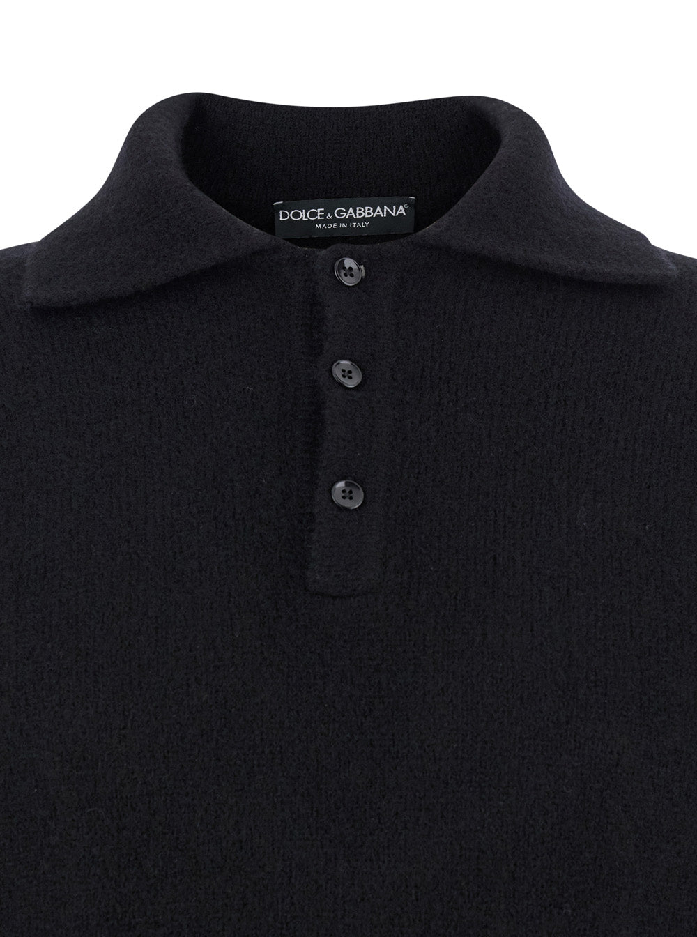 Dolce & Gabbana Men Black Sweater With Polo Collar And Back Logo Patch In Wool Man DOLCE & GABBANA