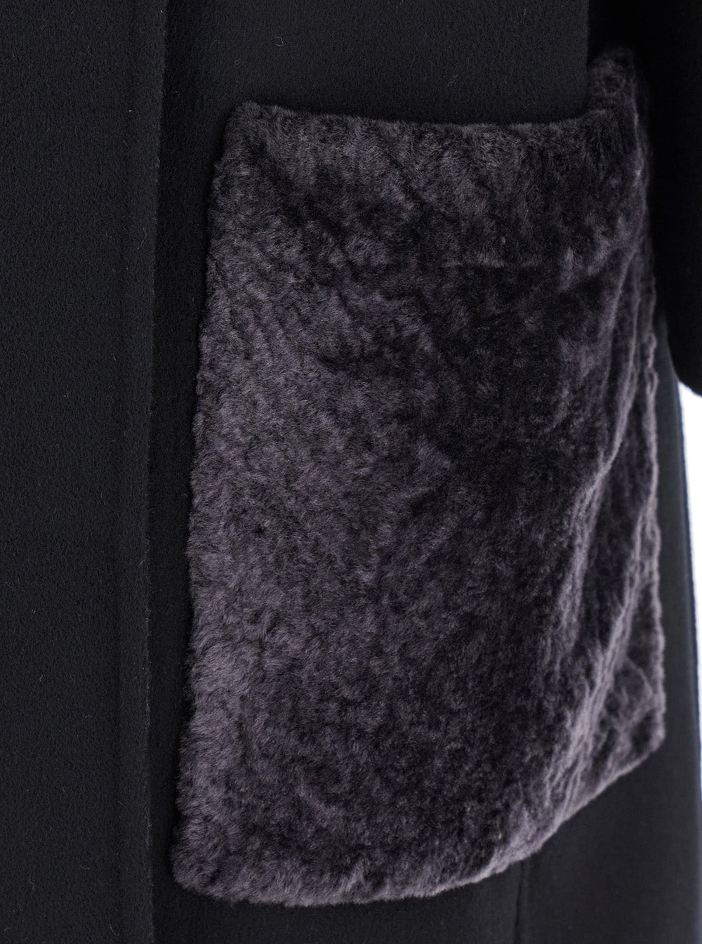 Fendi Women Black Crewneck Coat With Puffed Sleeves And Two Front Shearling Pockets In Wool Blend Woman FENDI