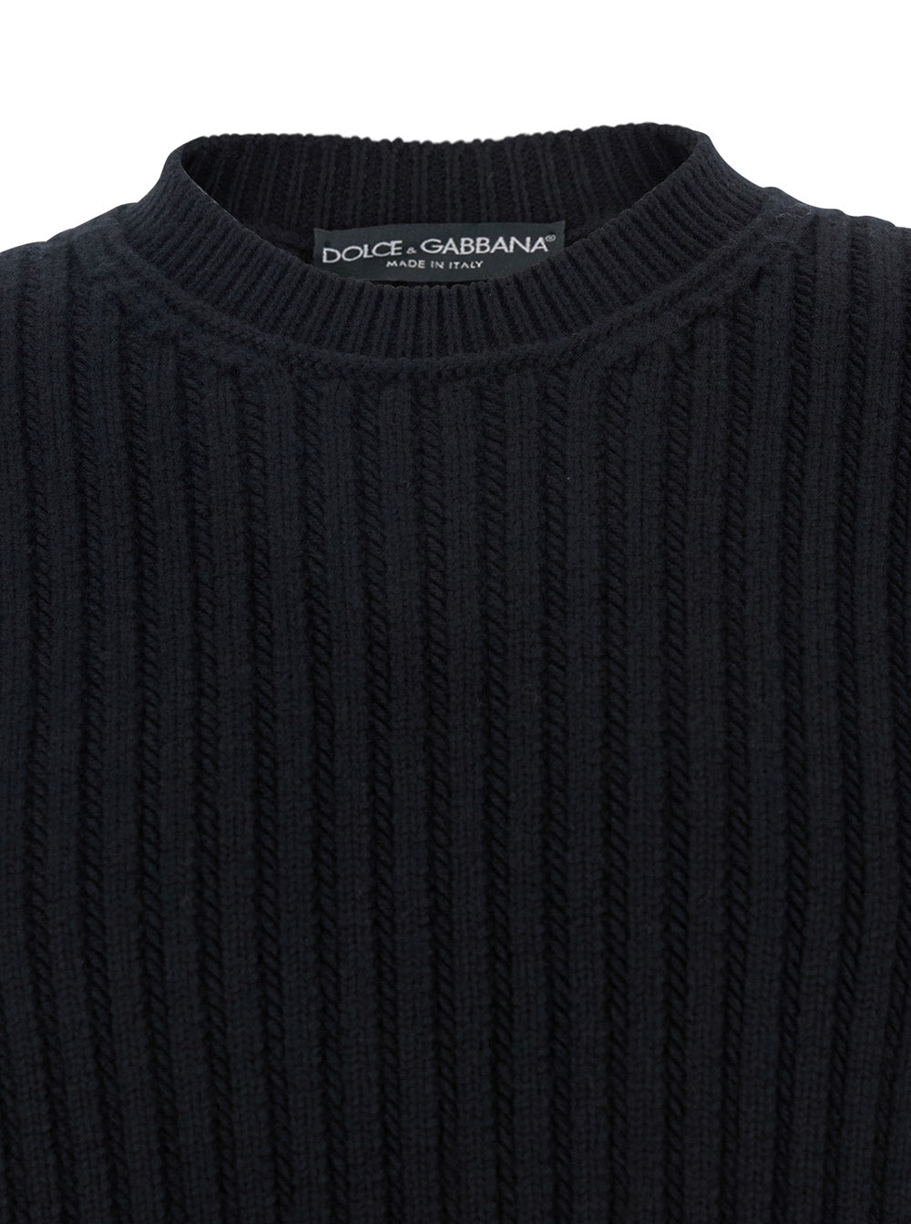 Dolce & Gabbana Men Black Ribbed Knit Crewneck Sweater With Logo Patch On The Rear In Wool Man DOLCE & GABBANA
