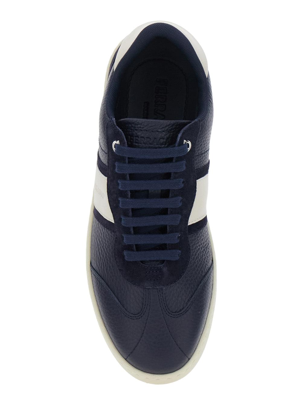 Ferragamo Men 'Achille' Blue Sneakers With Contrasting Heel And Logo Lettering On The Tongue In Leather Man FERRAGAMO