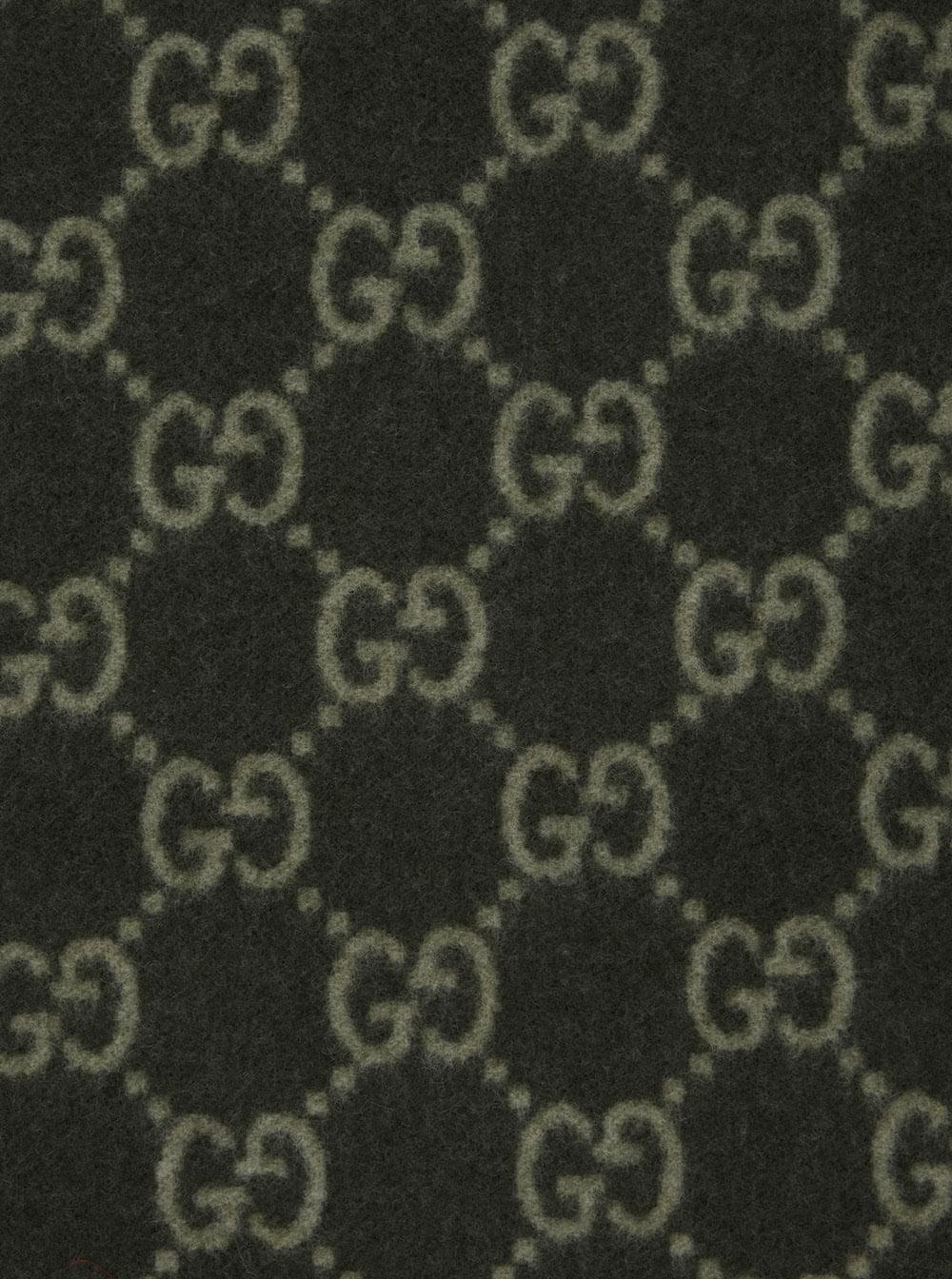 Gucci Men Green Scarf With Fringed Hem And Gg Motif Jacquard In Cashmere Man GUCCI