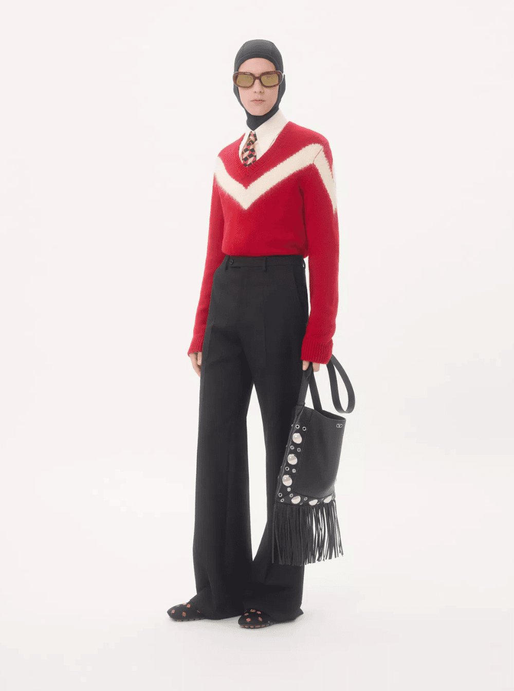 Valentino Men Red Sweater With V Neck And Rear Bow With Vlogo Plaque In Wool Man VALENTINO