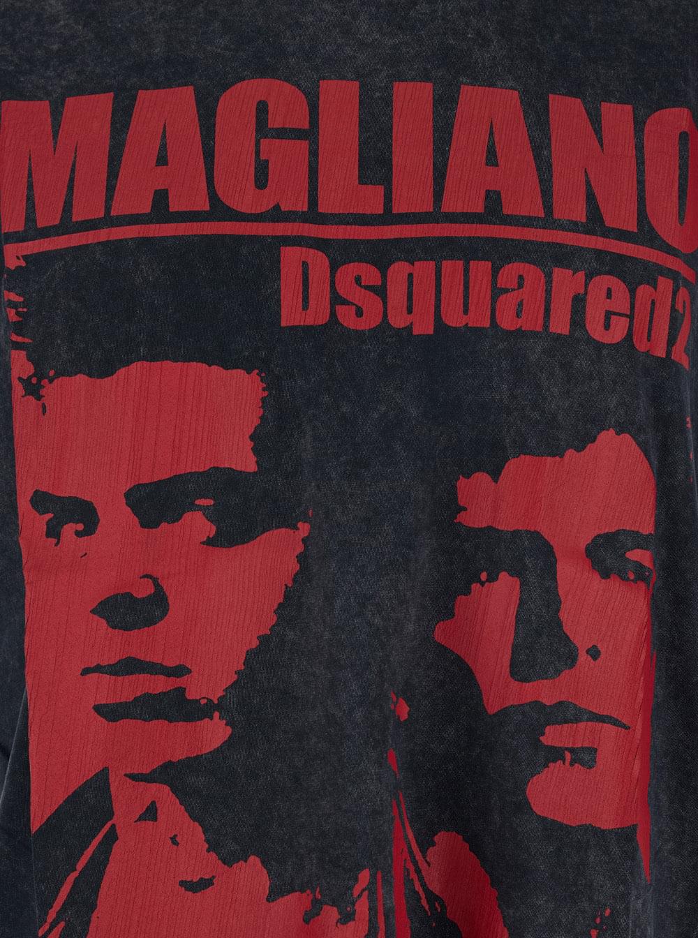Dsquared2 Men 'D2 X Magliano' Black Crew Neck Top With Logo Lettering And Front Print In Cotton Man DSQUARED2