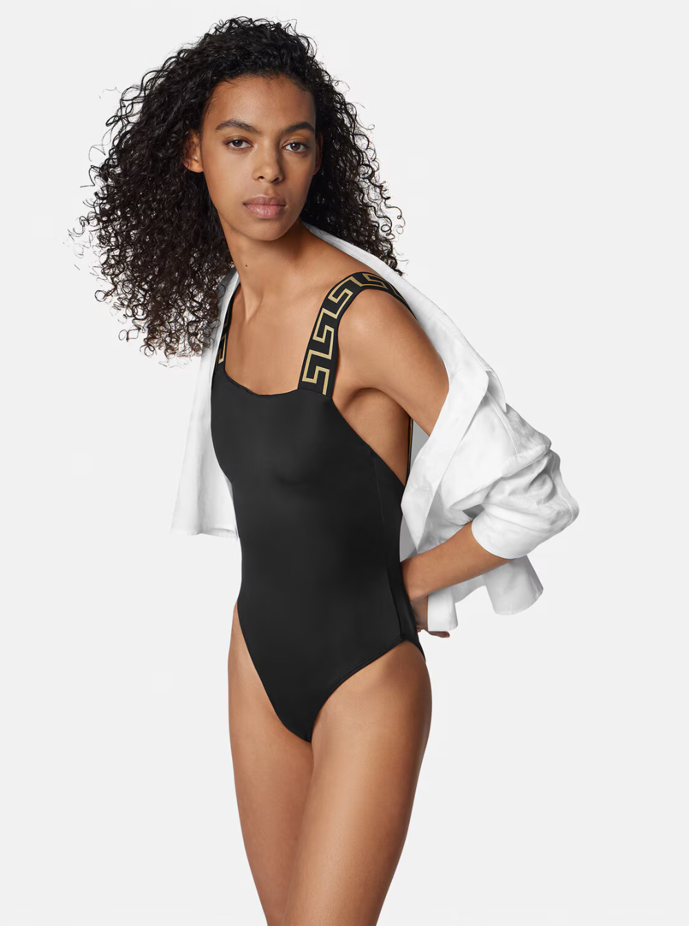 Versace Women One-Piece Swimsuit With Square Neckline And Web Detail In Black Tech Fabric For Women VERSACE