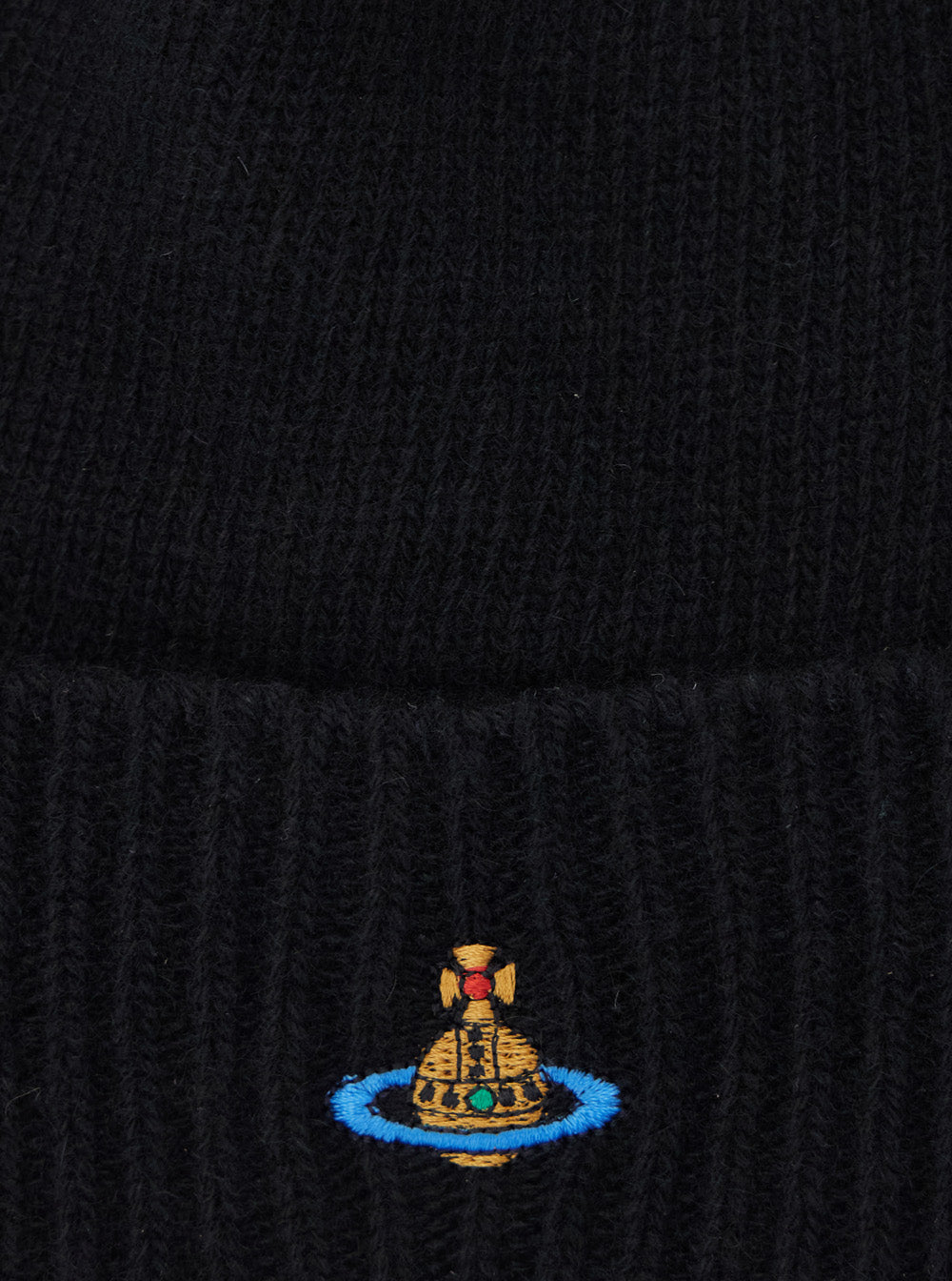 Vivienne Westwood Unisex Black Beanie With Orb Patch On The Front And Ribbed Brim In Cashmere Unisex VIVIENNE WESTWOOD