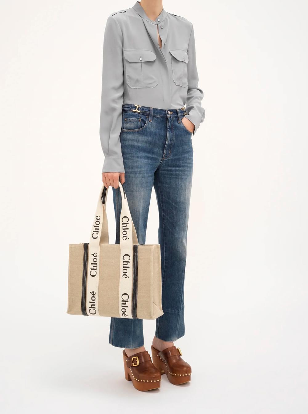 Chloé Women Handbag 'Medium Woody' With Logo Lettering On The Front In Beige Linen For Women CHLOE