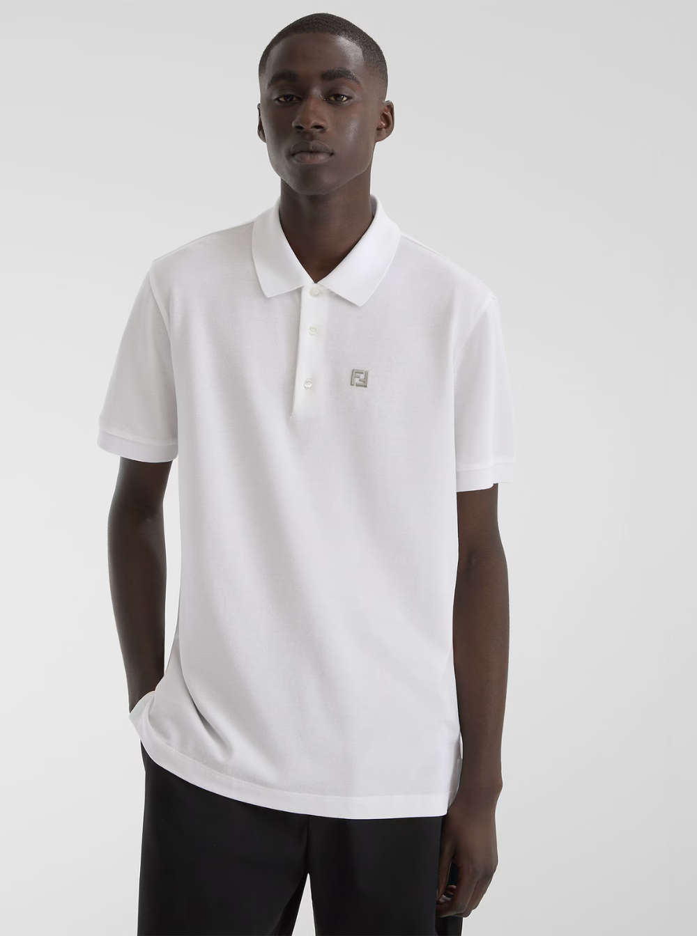 Fendi Men White Polo Shirt With Classic Collar And Metallic Ff Plaque On The Front In Cotton Woman FENDI