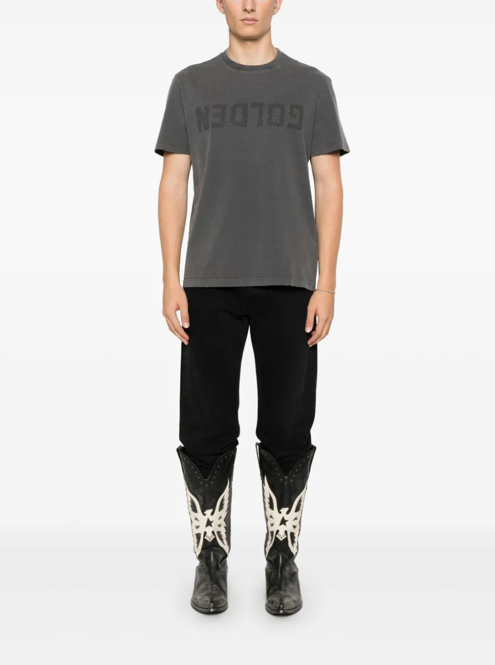 Golden Goose Men T-Shirt With Logo On The Front And Logo Patch On The Front In Gray Cotton For Men