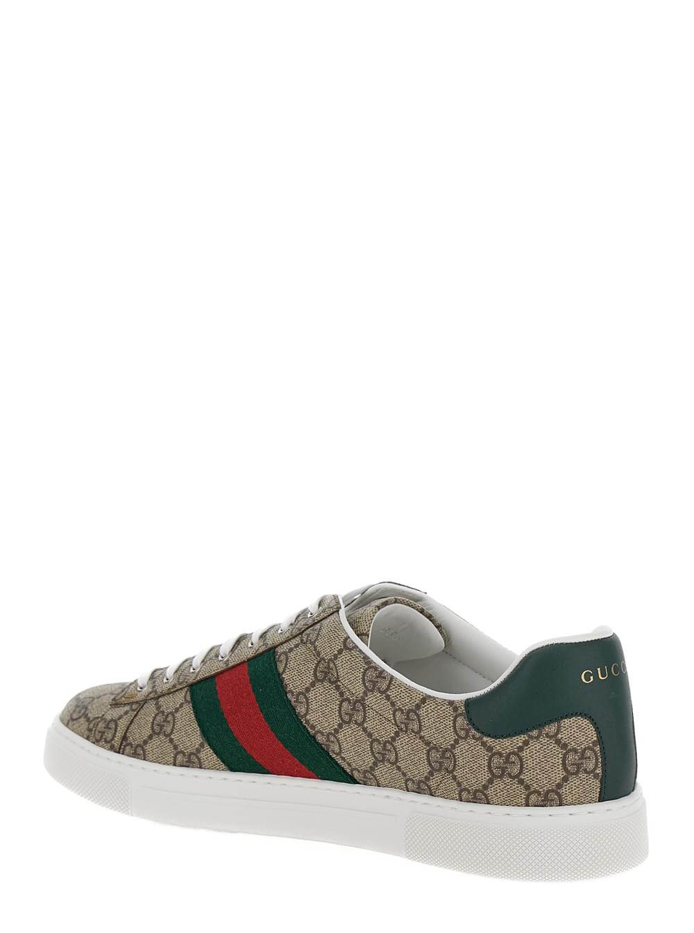 Gucci Men 'Gucci Ace' Beige And Ebony Low Top Sneakers With Web Detail In Gg Supreme Canvas Man GUCCI