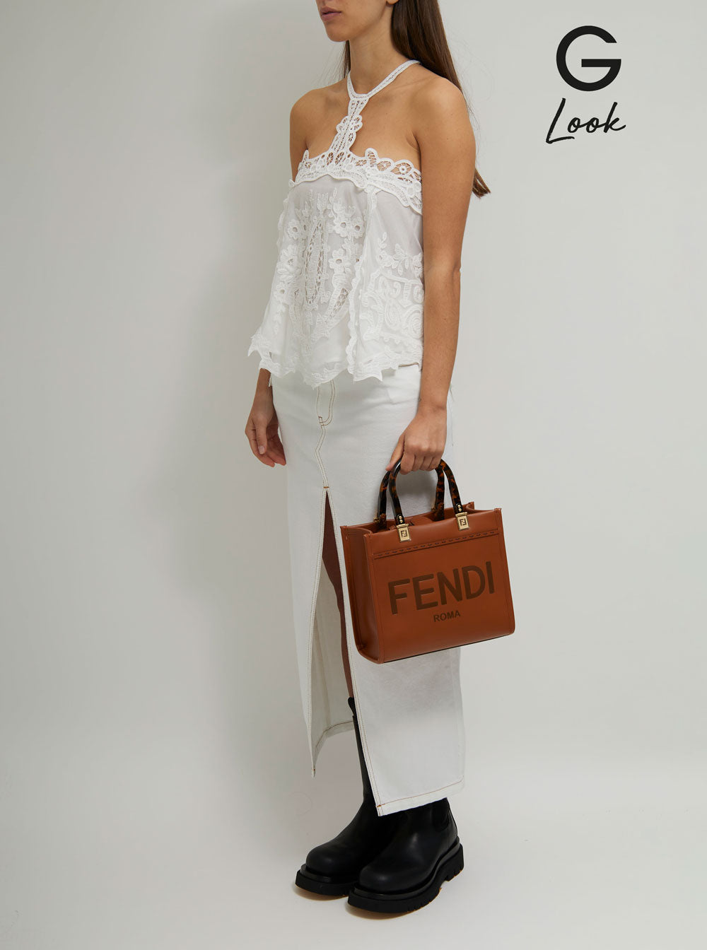 Fendi Women Tote Bag 'Sunshine Piccola' With Embossed Logo And Turtle Effect Handle In Brown Leather For Women FENDI