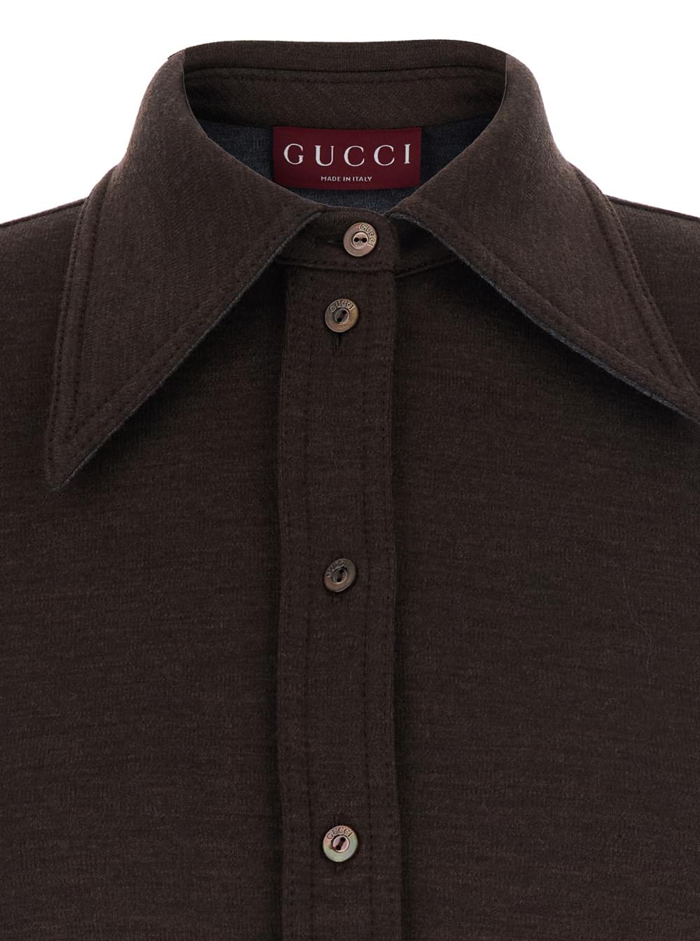 Gucci Women Brown Shirt With Polo Style Pointed Collar In Wool And Cotton Blend Woman GUCCI