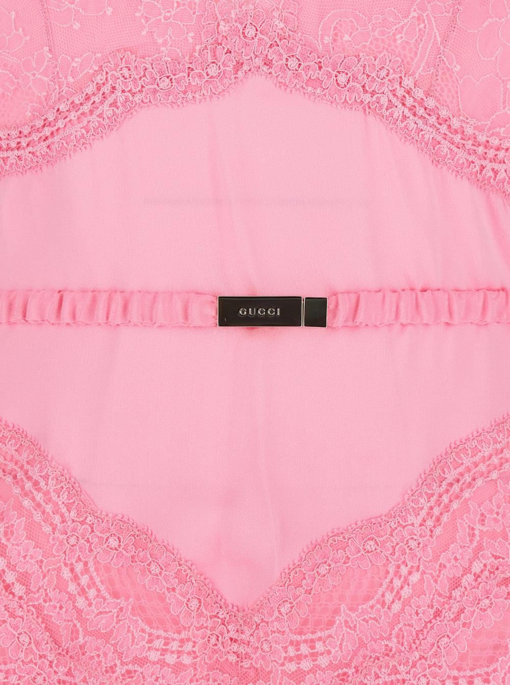 Gucci Women Pink Dress With Deep V-Neck And Removable Ruffle Belt In Silk Satin Woman GUCCI