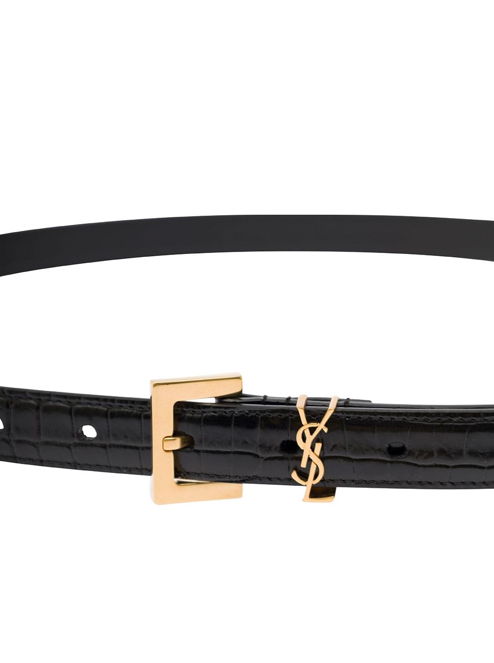 Saint Laurent Women Thin Belt 'Cassandre' In Crocodile-Embossed Leather Black Woman SAINT LAURENT