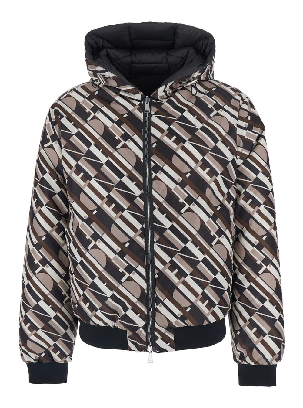 Fendi Men Black Reversible Down Jacket With Hood And Logo Patch On The Front In Tech Fabric Man FENDI