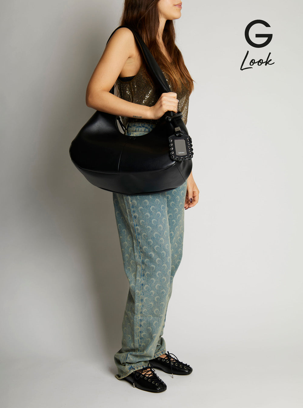 Ganni Women 'Bou Bag Hobo Medium' Black Shoulder Bag With Shoulder Strap And Removable Logo Patch In Leather Woman GANNI